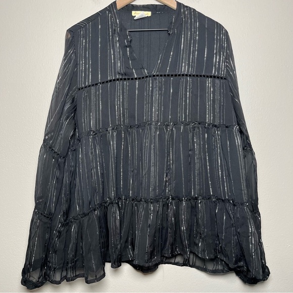Sweet Magnolia Women Top XXL Black Silver Split Neck Boho Witchy Peasant Cottage - Picture 1 of 10